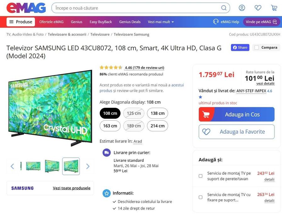 Televizor SAMSUNG LED 43CU8072, 108 cm (43”), SmartTV, 4K Crystal UHD
