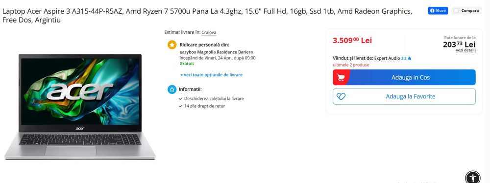 Laptop Acer Aspire aproape nou  3 A315-44P-R5AZ Amd Ryzen 7 5700u Pana La 4.3ghz, 15. Full Hd 16gb Ssd 1tb Amd Radeon Free Dos Argintiu