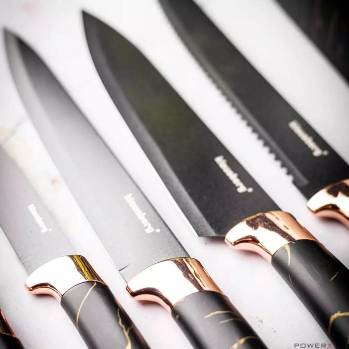 Set cutite din oțel inoxidabil, 6 piese, suport negru cu model maro,