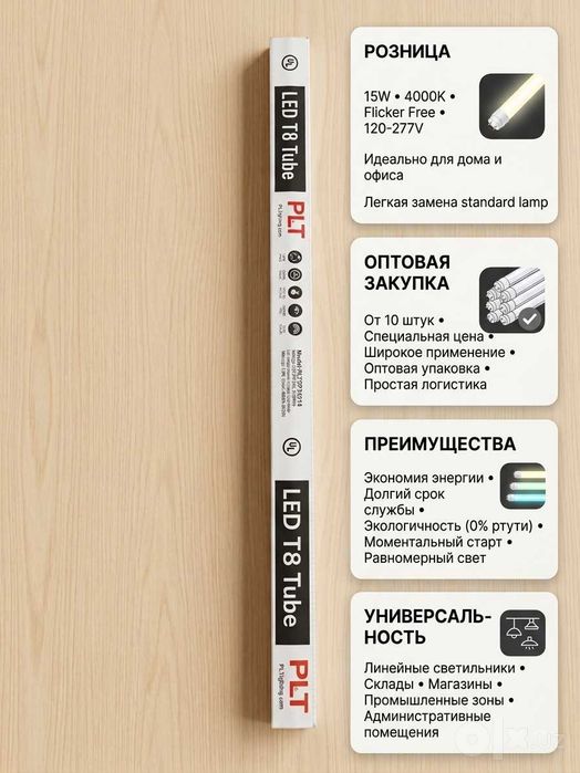 Светодиодные LED лампы T8 1200мм PLT (15W / 4000K) — Премиум качество