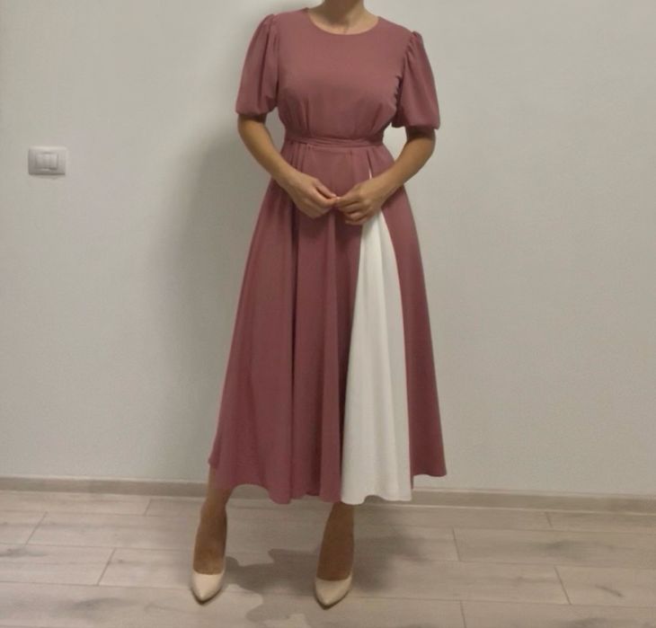 Rochie eleganta roz prăfuit, mânecă bufantă, insert alb