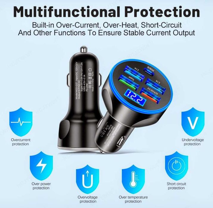 Încarcator telefon auto 12V 4 porturi USB 1 Tip C Afisaj Voltmetru Nou