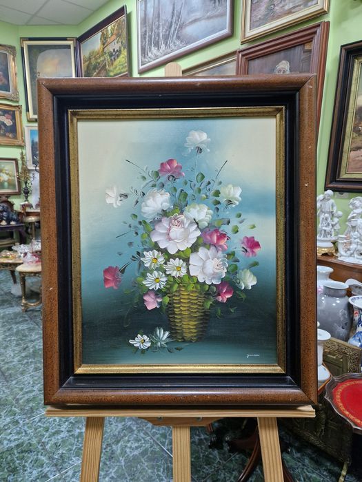 Прекрасна антикварна авторска картина масло платно натюрморт
