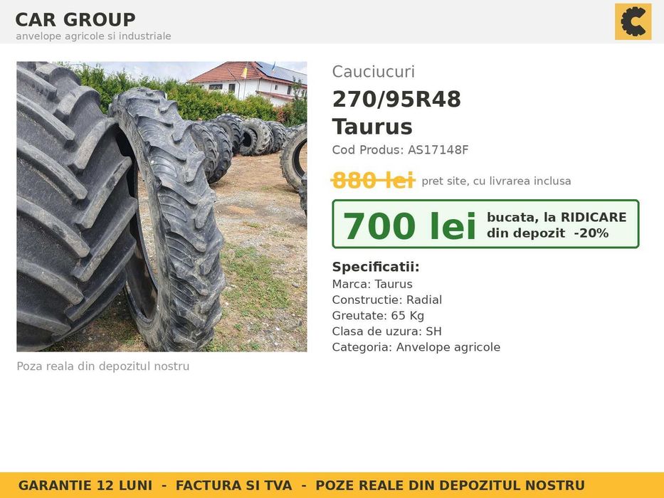 Cauciucuri 270/95R48 11.2R48 11.2-48 27095R48 Taurus ANVELOPE Tractor Prasit Erbicidat Inguste SH GARANTIE Factura