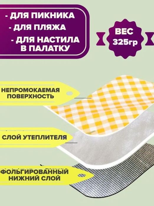Коврик для пикника , похода, пляжа . Складной , 200x180см.