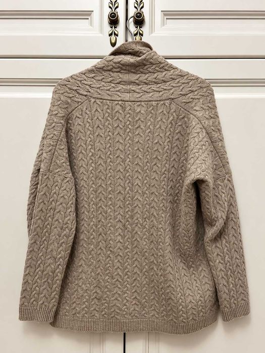 Cardigan Massimo Dutti damă din amestec de lână, bej, tricot torsadat cu guler șal, Mărimea S