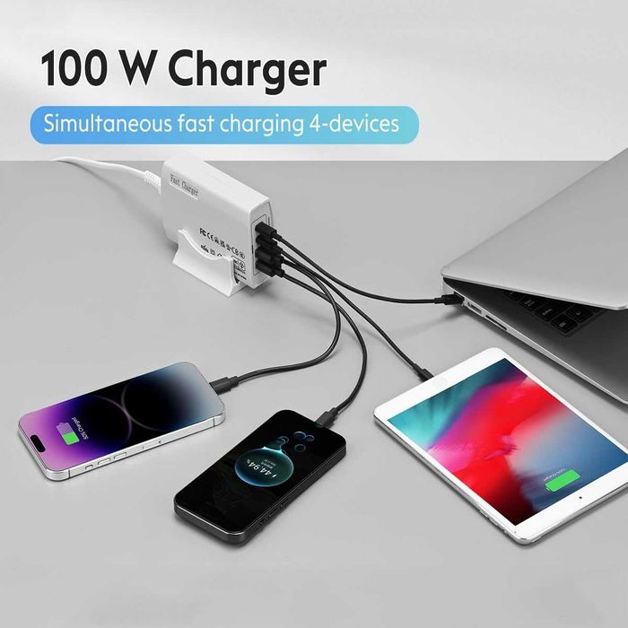 Универсално зарядно 100W, 2 USB-C + 2 USB-A порта, черно ; бяло