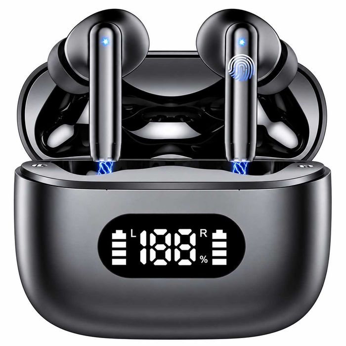 Căști wireless TWS cu anulare a zgomotului de 40 dB, Bluetooth 5.3, 6 microfoane și tehnologie ENC, afișaj LED, apeluri HD și mod transparență