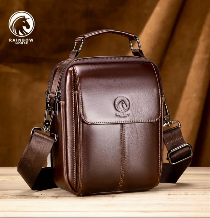 Мъжка бутикова кожена чанта с капаче /Кафява, дизайнерска естест. кожа