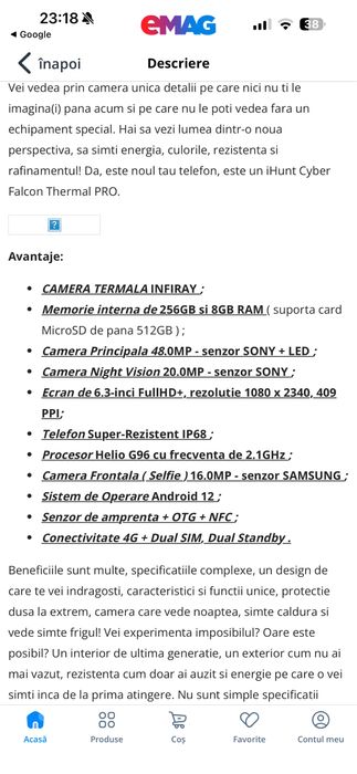 Telefon ihunt cyber falcon cu camere night vision si thermo visiune