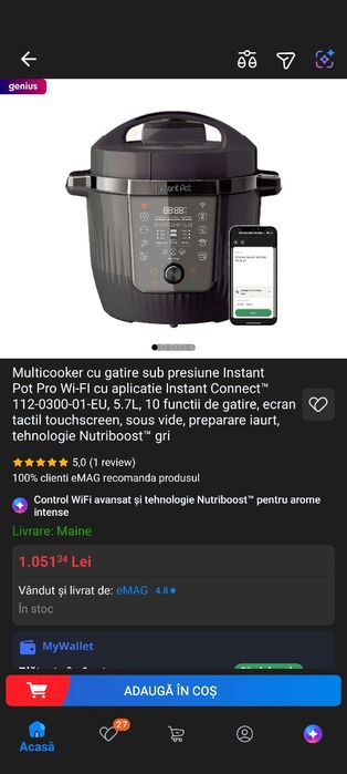 Multicooker cu gatire sub presiune Instant Pot Pro Wi-FI cu aplicatie Instant Connect™ 112-0300-01-EU, 5.7L, 10 functii de gatire