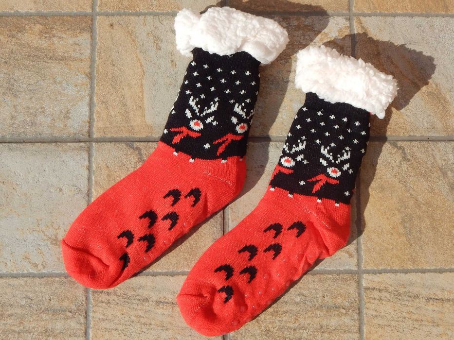 Sosete motiv Craciun cu teddy-fleece antiderapant