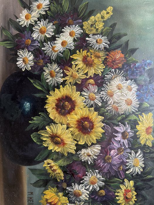 Tablou,pictura in ulei pe lemn ,vaza cu flori de camp ,semnat.