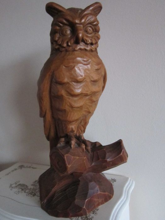 cadou rar Black Forest Owl 1950 Bufnita sculptura lemn Germania 1950