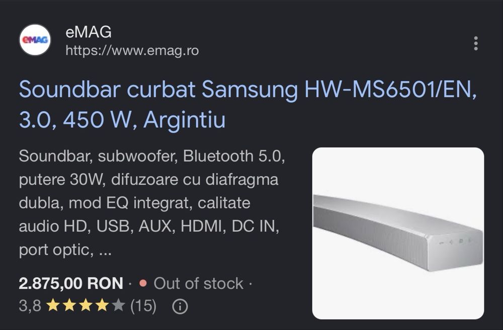 Soundbar Samsung HW-MS6501/XU – 3.0 Canale | 450W | Bluetooth | Wi-Fi | Stare foarte bună