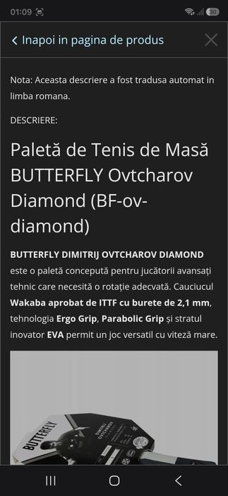 Vând paletă de tenis de masă Butterfly