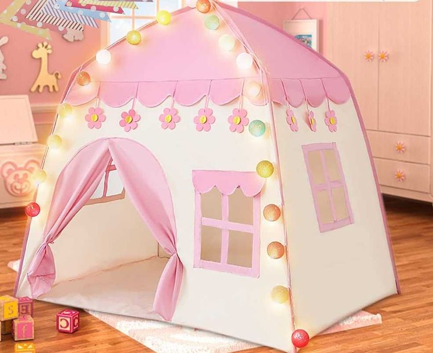 Детска палатка тип Къща с LED лампички памучни топки 130 x 90 x126см