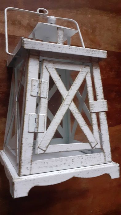 фенер метален ретро антикварен, за свещ и други, метал стъкло, бял