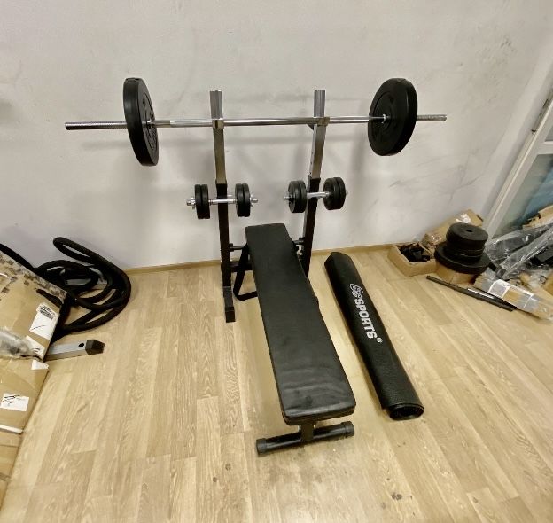 Set sala Banca piept+haltera gantere cu bari otel crom si piulite, noi