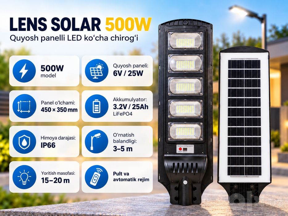 Quyosh panelli koʻcha chirogʻi LENS SOLAR 500W, 25Ah, IP66