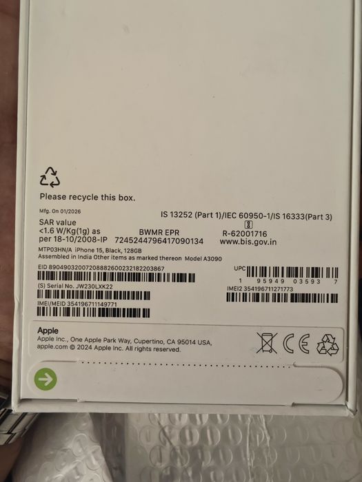 iPhone 15, 128 GB, черный, новый.