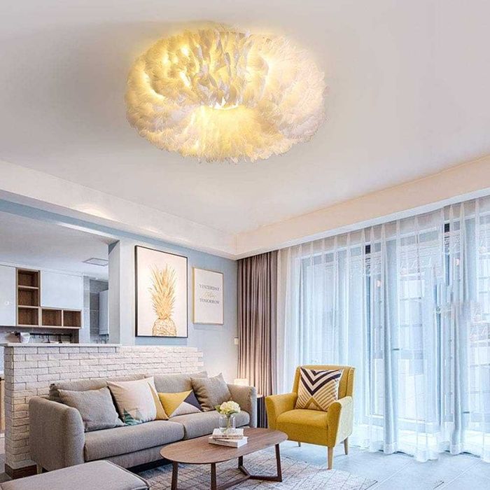 Полилей Таванна лампа Полилей с бяло перо, Модерни LED осветителни