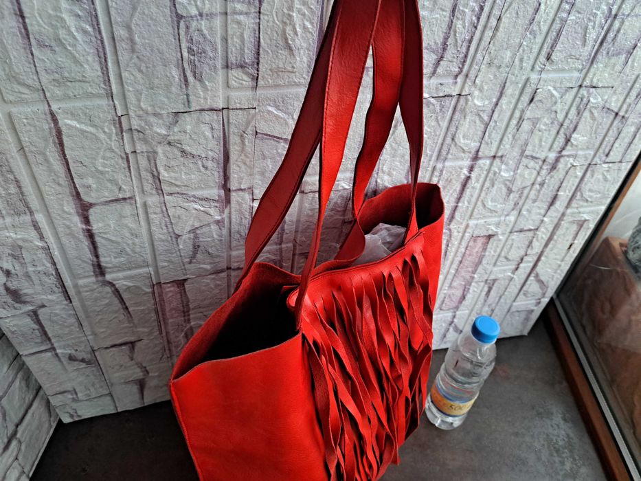 дамска кожена чанта,оранжева торба с ресни-естествена кожа