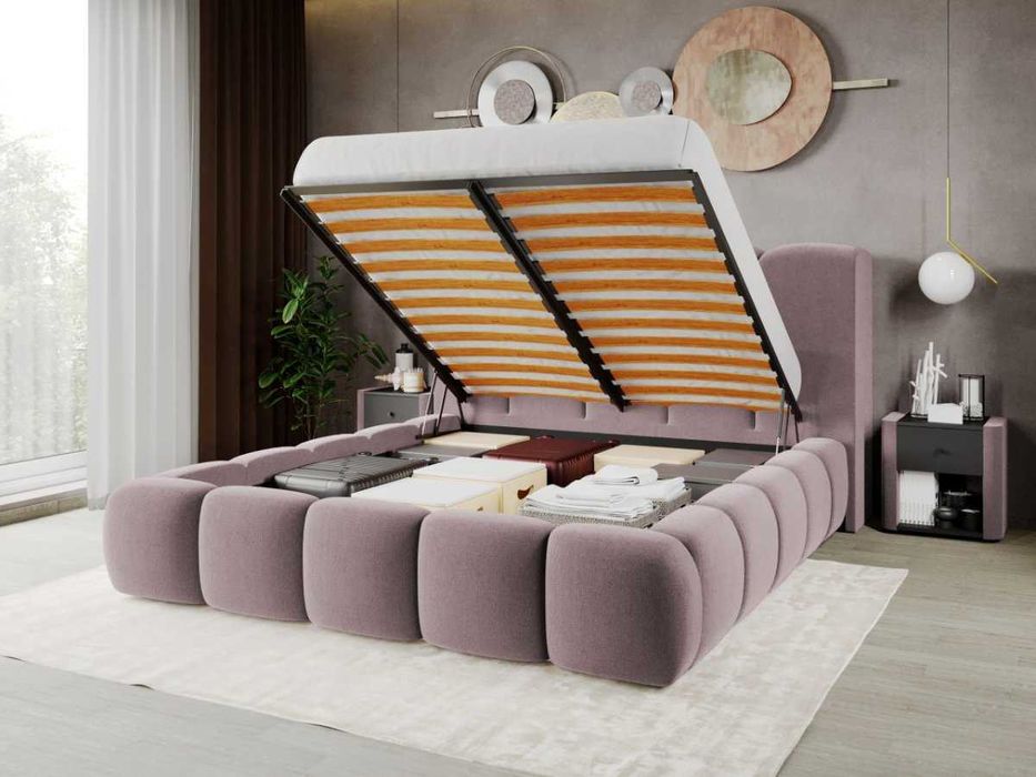 Pat Tapitat Noel Roz - Velluto 14 cu somiera rabatabila si lada