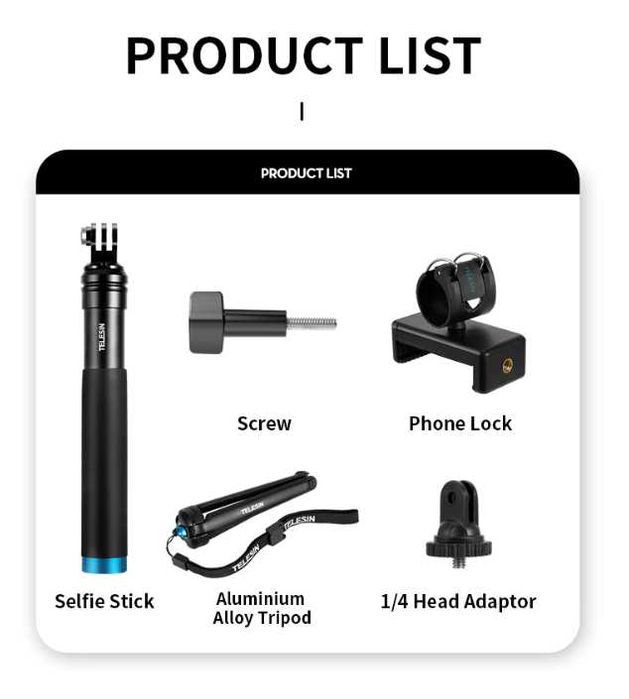 Трипод + телескопичен монопод, Адаптер за GoPro и телефон