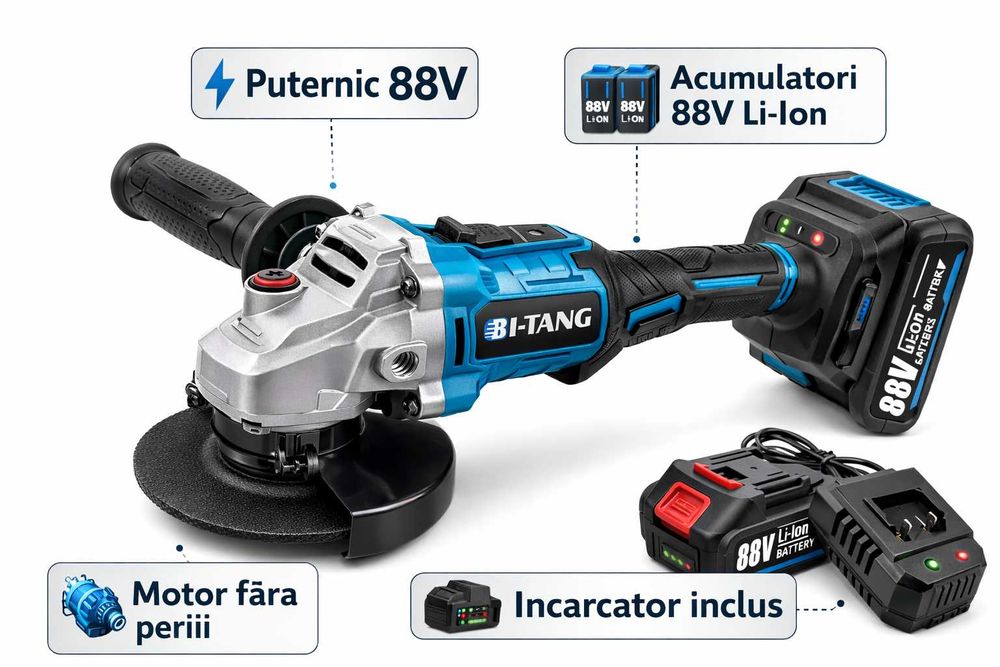 Polizor Unghiular 88V cu 2 Acumulatori si Incarcator