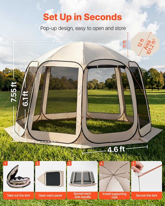 Cort plasa pavilion 366x338x230 cm, 10-12 persoane, tesatura Oxford 300D impermeabila, plasa 360 grade, 16 tarusi, bej