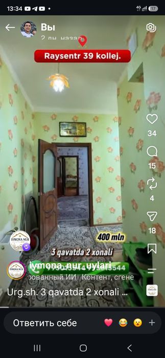Raysentr 39 kollej yondo Yangi domda 2 xonali uy barcha jixozlari bila