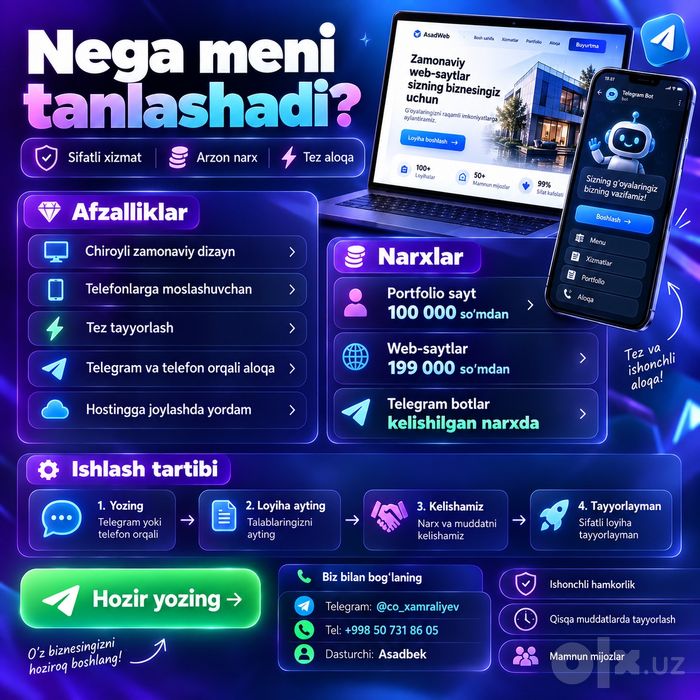 Web sayt va Telegram bot yaratib beraman 100000 somdan