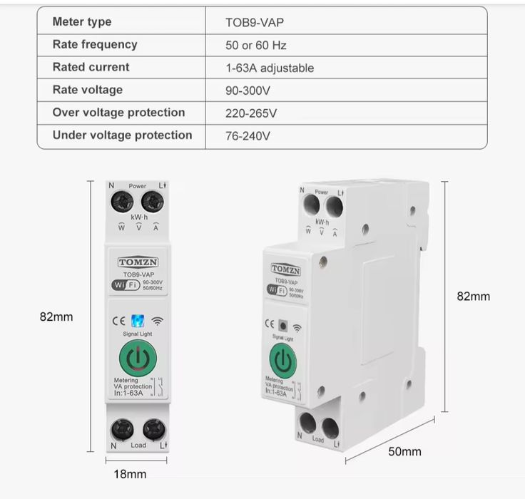 Releu Protecție Tensiune și Curent TOMZN TOB9-VAP, WiFi, 63A