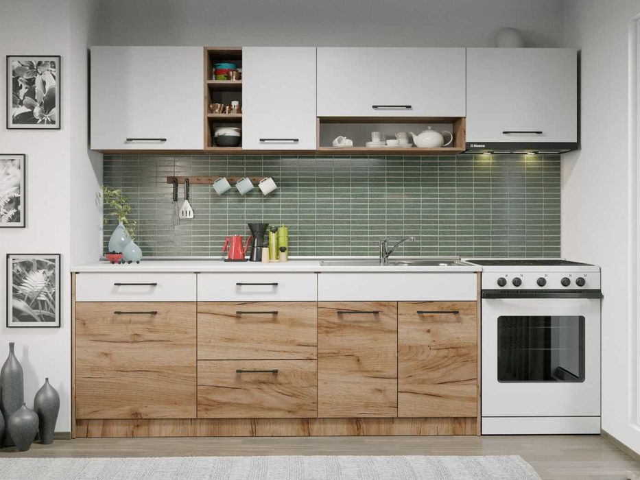 Set Mobila Bucatarie Gastro 260 Alb/Stejar - C03 - Transport Gratuit