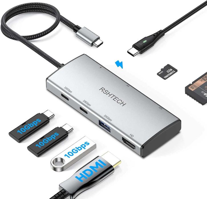 RSHTECH 10Gbps USB C хъб, 7-в-1 USB C многопортов адаптер с 4K HDMI