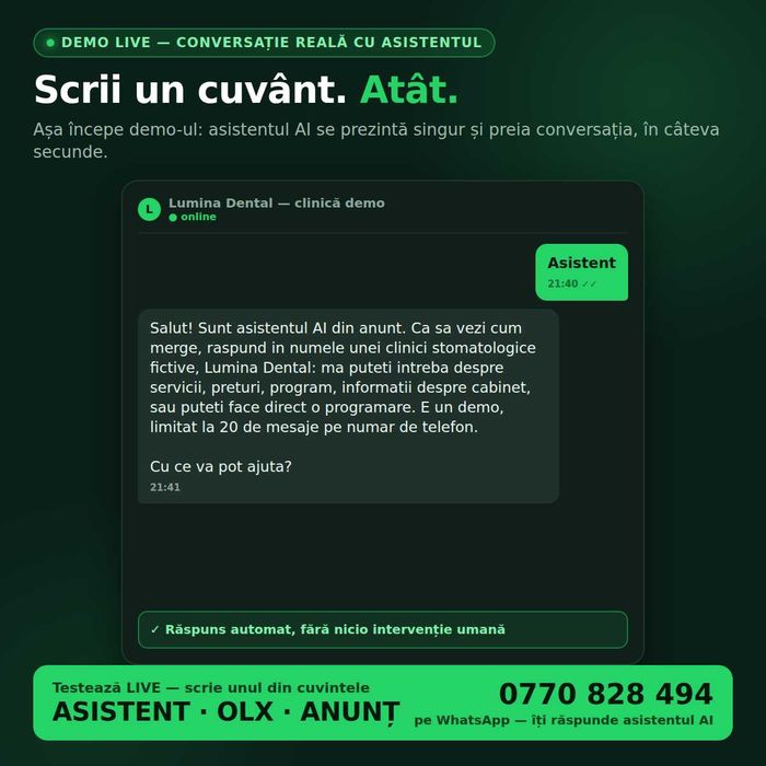 Asistent AI WhatsApp automatizari pentru afacerea ta răspunde și programează automat clienții. Testează LIVE pe numărul meu scrie asistent, OLX, anunț