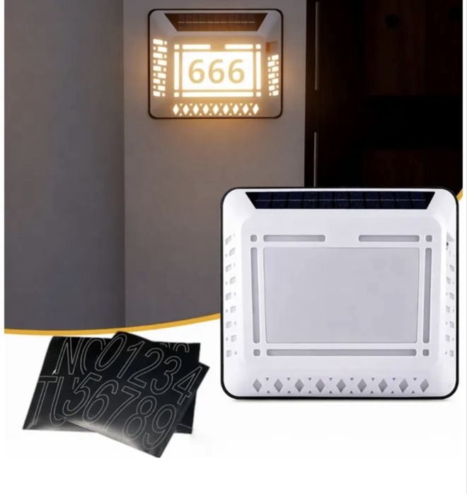 Lampă Solară Număr Casă LED Bibica Edition Model 8801M-D, 20x17.5cm, Lumină Alb Rece, Panou Solar Integrat, Set Cifre și Litere Adezive