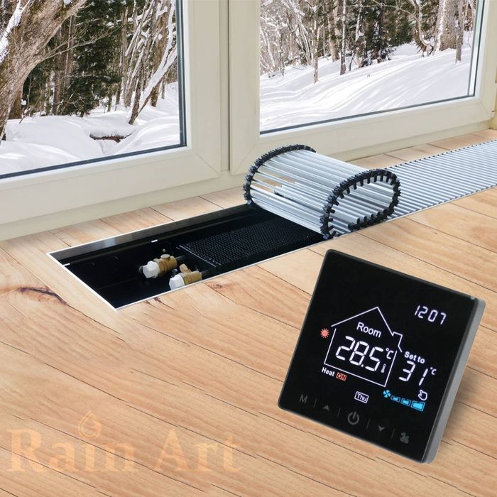 Комнатный термостат , конвектор , водяной тёплый пол , кондиционер