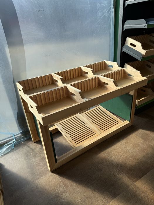 Pachet mobilier aprozar lemn 5 piese - Gondola 2,5x1,5m 16 sertare + 2 insule