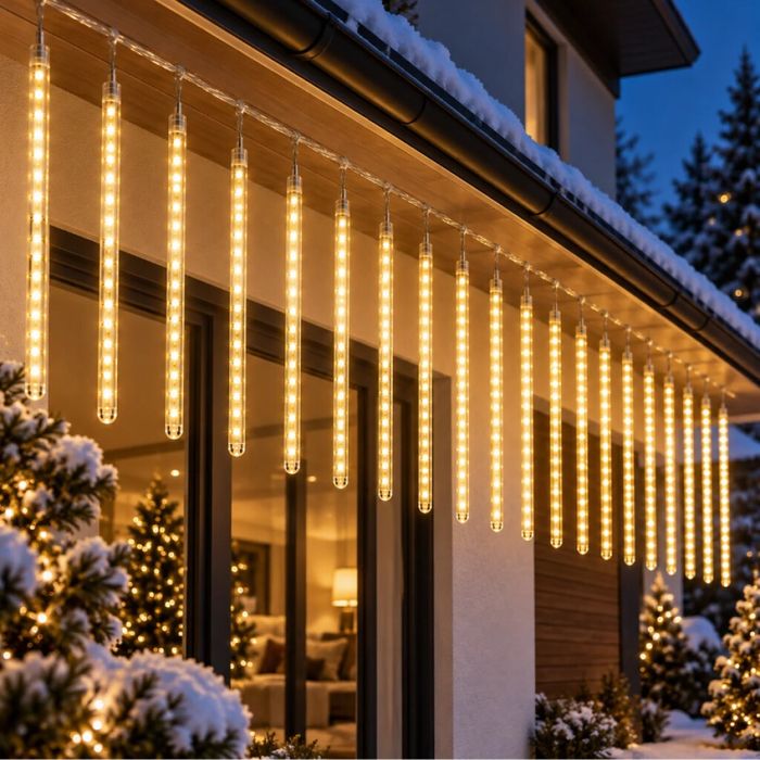 Коледна LED украса „Падащи метеори" 10 светещи тръби, 480 LED диода, 6 м, топла бяла светлина - ефект на падащ СНЯГ