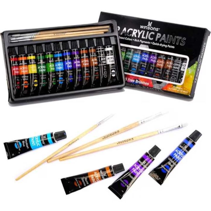 Set acuarele acrilice Premium KOMAZI®, 12 culori x 12 ml + 3 Pensule