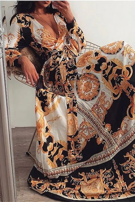 Rochie casual lunga vaporoasa, satin, cu imprimeu elegant, decolteu in V si croi lung, S, Negru