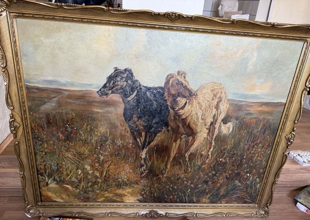 Старинно маслено платно "Руски борзои" – Музеен размер (140х110 см)
​О