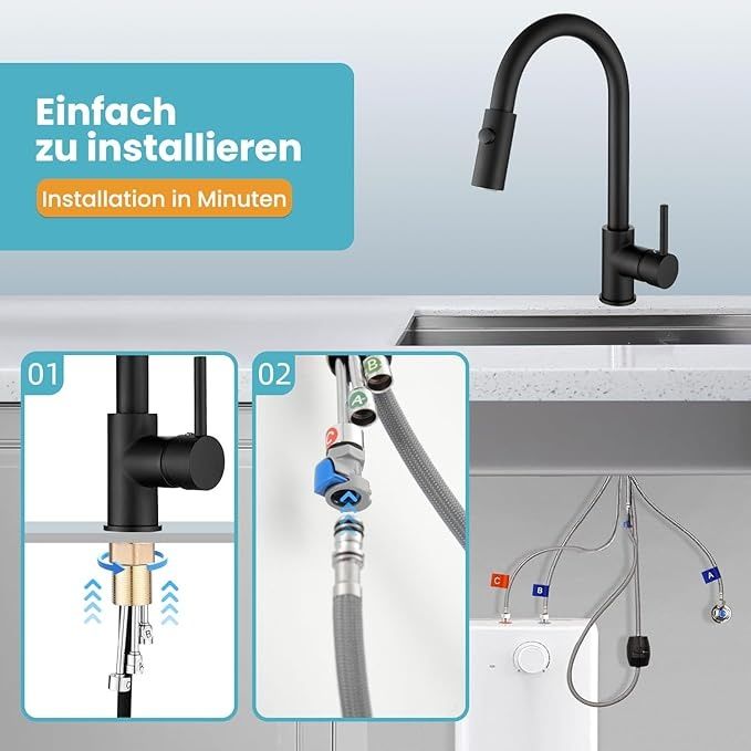 Baterie bucatarie neagra extractibila 360° 2 functii presiune mica