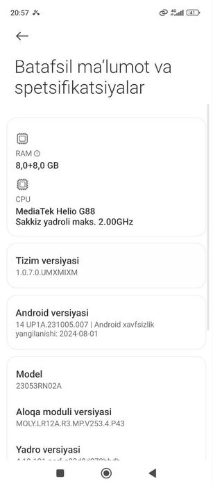 Redmi 12 sotiladi 256/8+8 ram ishlashi zor eng oxirgi versiyada tiniq.