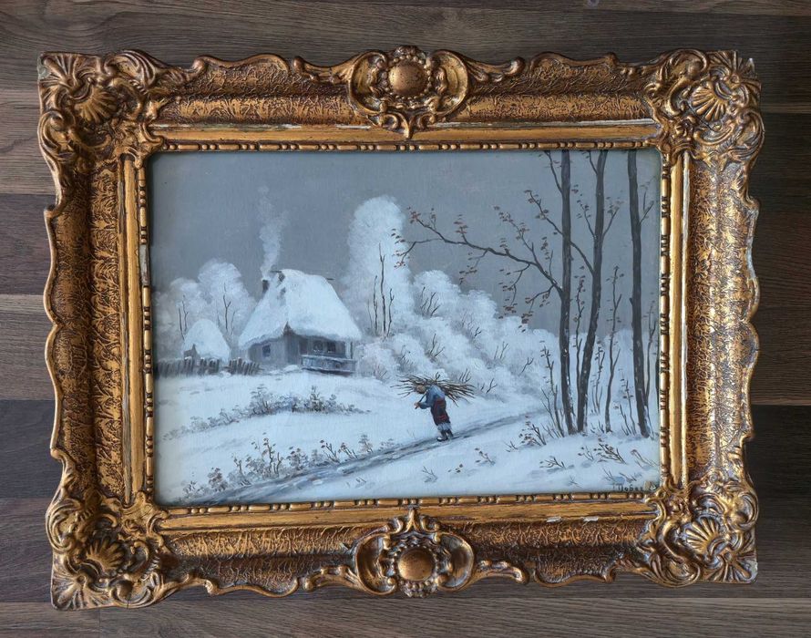 Tablou iarnă semnat Ion Dobosariu + ramă aurie vintage 35x50 cm