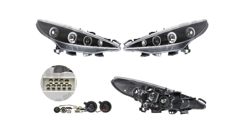 Set faruri Peugeot 207, 05.2013, montare fata, stanga+dreapta, cu fiber-optic Lampa pozitie; H1+H1; electric; negru, transparent; cu motor; Tuning;
