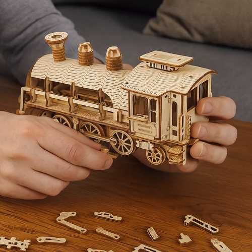 Puzzle 3D locomotiva cu abur si vagon din lemn de asamblat 282 piese