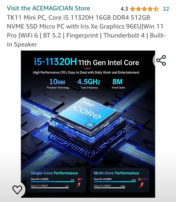 Mini PC Ace M Core i5 11320H 16GB DDR4 512GB Nvme SSD Micro PC